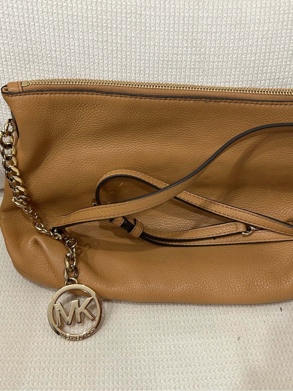 Michael Kors Cognac Pebbled Leather Shoulder Bag with Gold MK Charm